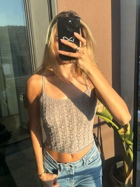 WILFRED Crochet Knit Spaghetti Strap Tank Top — Taupe